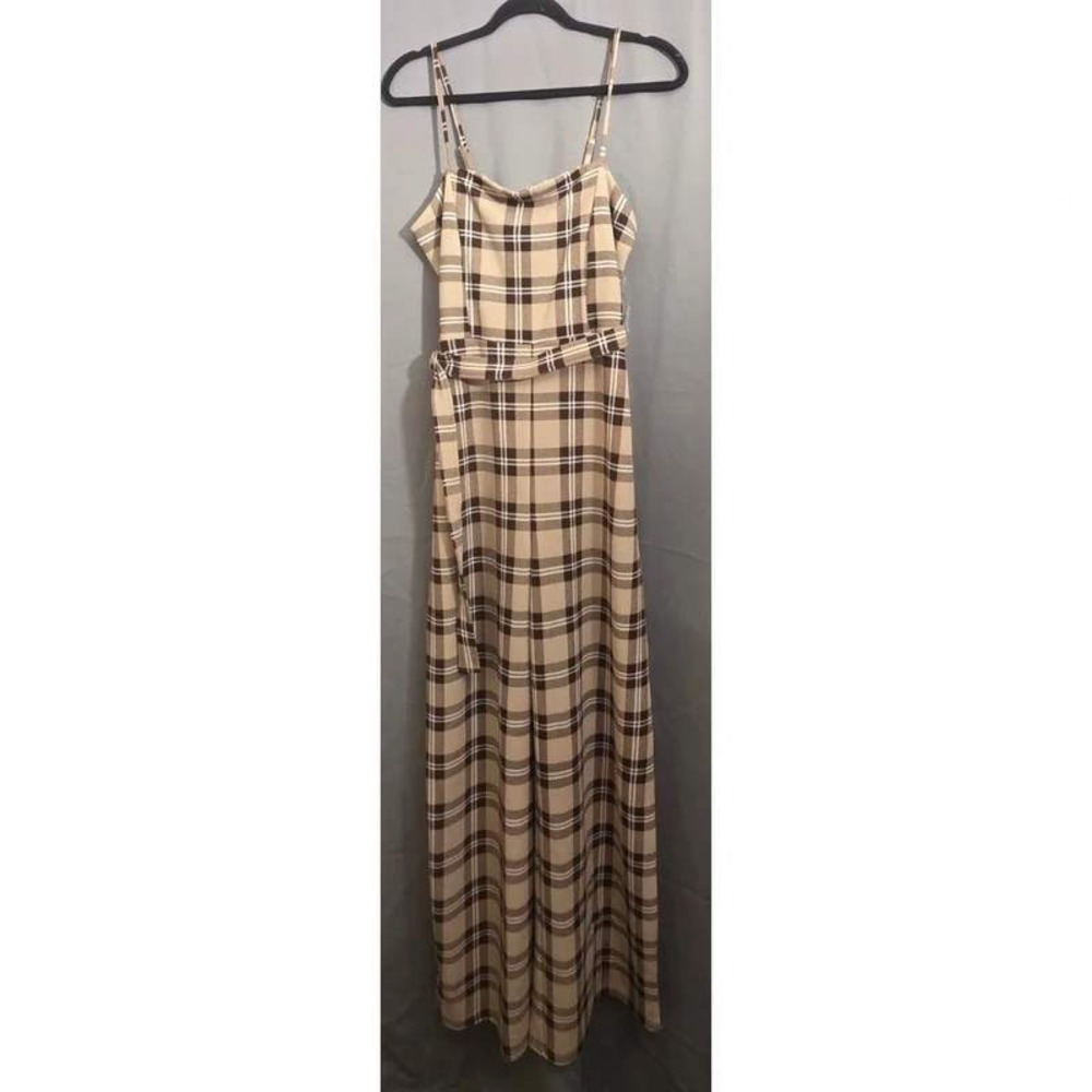Almost Famous XL Plaid Wide Leg Jumpsuit Tan Brown Tie Waist Sleeveless XL